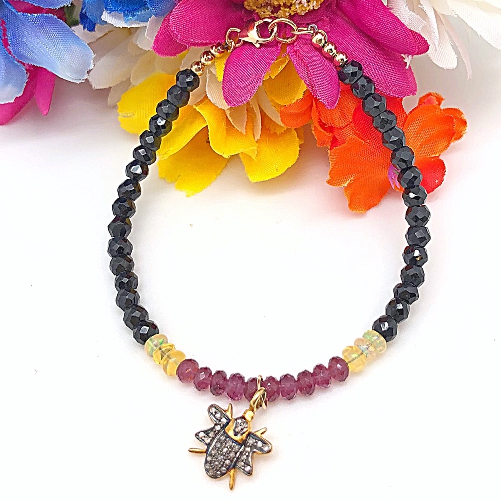 Diamond Bee Garnet, Opal,  Black Spinel Bracelet
